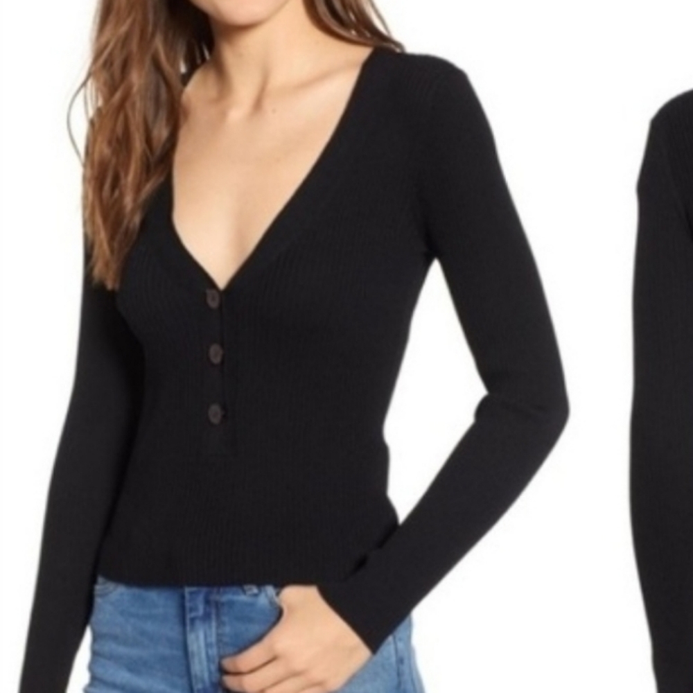 NWT Leith Stretchy Ribbed Henley Black Sweater